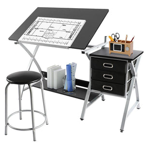Adjustable Folding Drafting Table with Stool